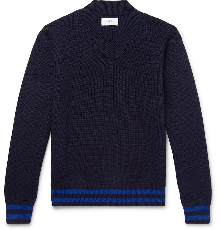 Photo: Mr P. - Striped Ribbed Cotton Sweater - Navy