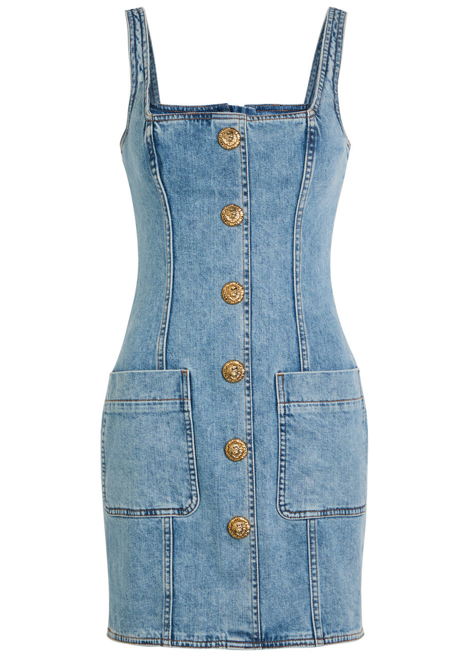 Balmain Button-embellished Stretch-denim Mini Dress Light Blue