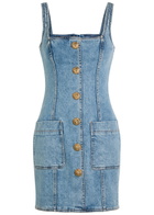 Balmain Button-embellished Stretch-denim Mini Dress Light Blue