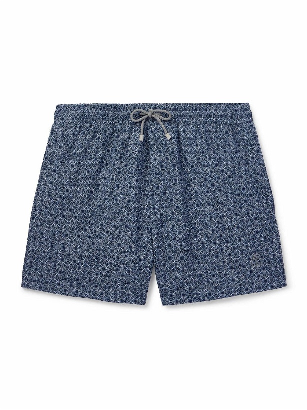 Photo: Brunello Cucinelli - Straight-Leg Short-Length Logo-Embroidered Printed Swim Shorts - Blue