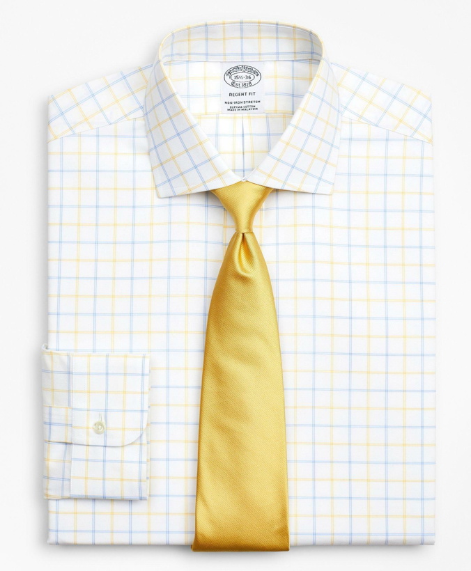 Photo: Brooks Brothers Men's Stretch Regent Regular-Fit Dress Shirt, Non-Iron Poplin English Collar Double-Grid Check | Yellow