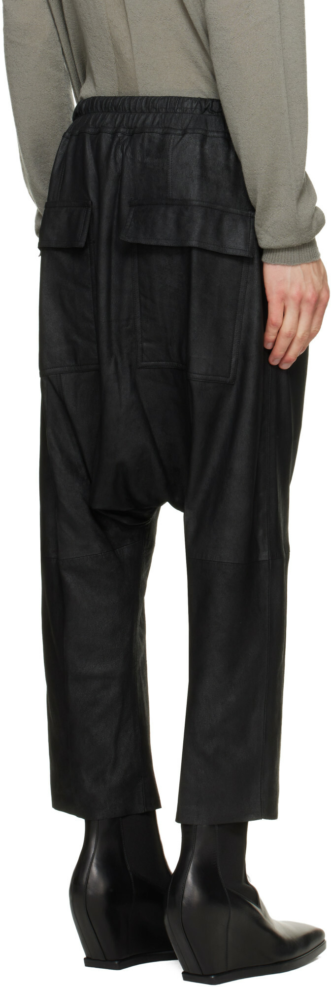 Rick Owens Black Tower Drawstring Cropped Leather Pants