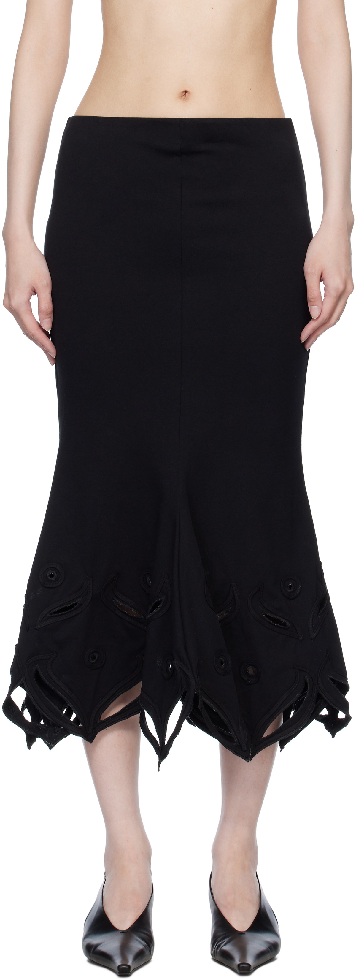 Conner Ives Black 'The Schiffli Trumpet' Midi Skirt