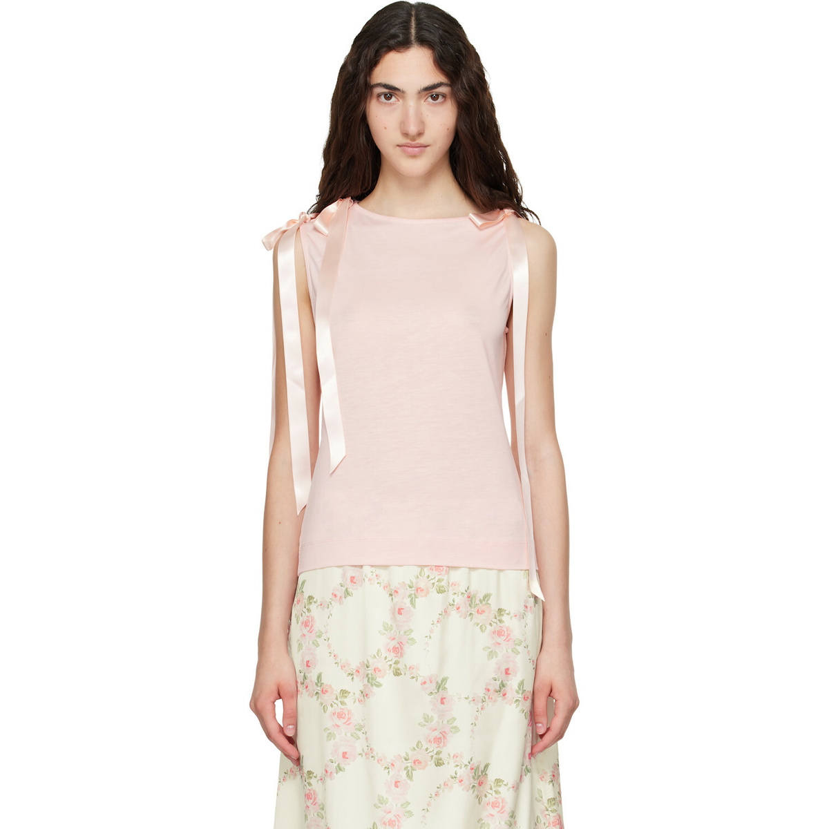Simone Rocha Pink Bow Ribbon Tail Tank Top