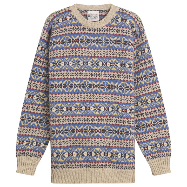 Photo: Jamieson's of Shetland Men's Jamiesons of Shetland Fair Isle Crew Knit in New Pattern Blue