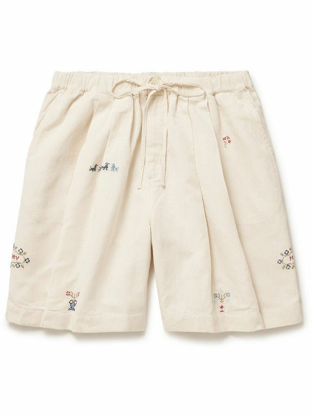 Photo: Story Mfg. - Bridge Wide-Leg Embroidered Cotton and Linen-Blend Drawstring Shorts - Neutrals
