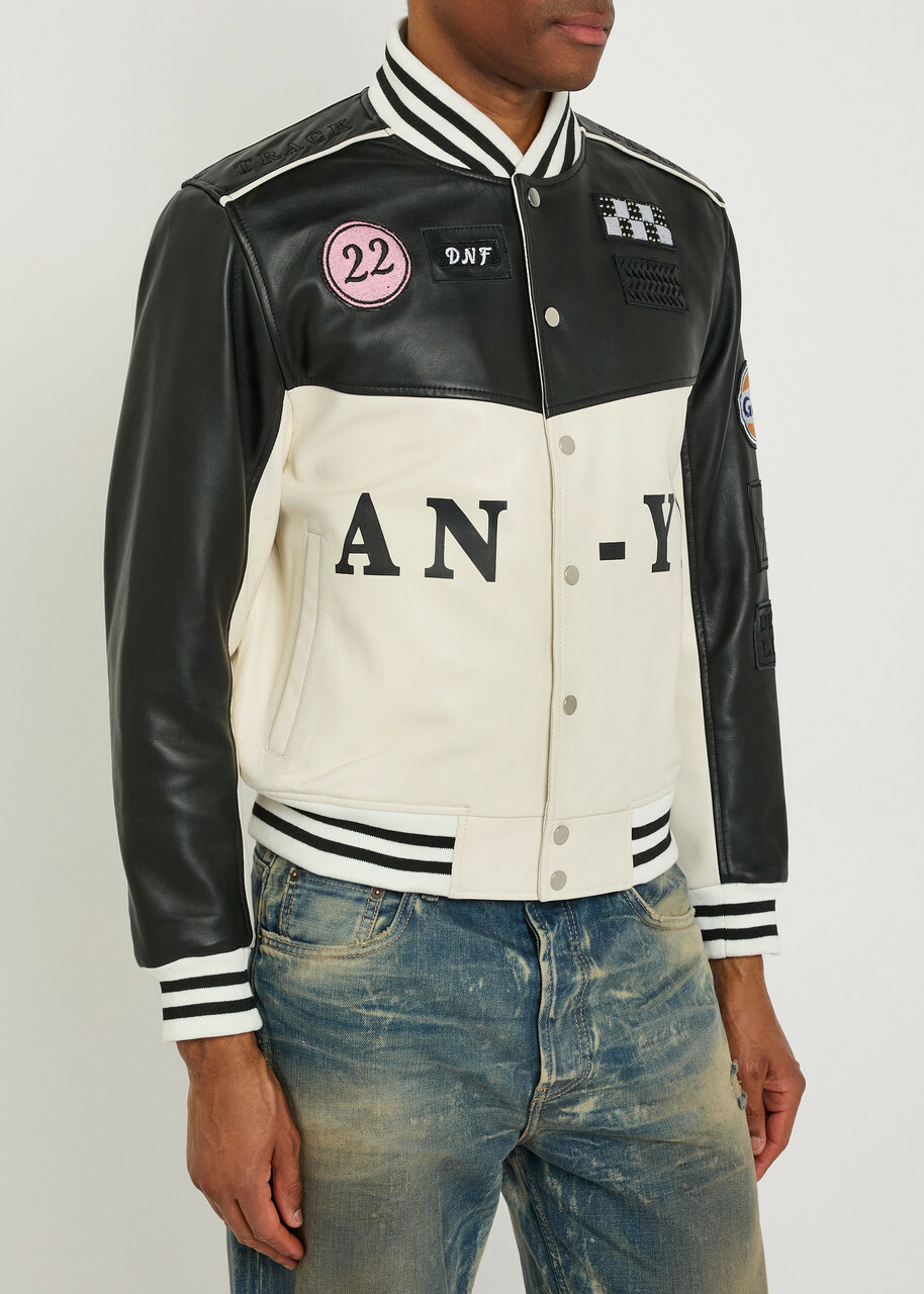 AN-Y1 Unisex Appliquéd Padded Leather Bomber Jacket Black And White