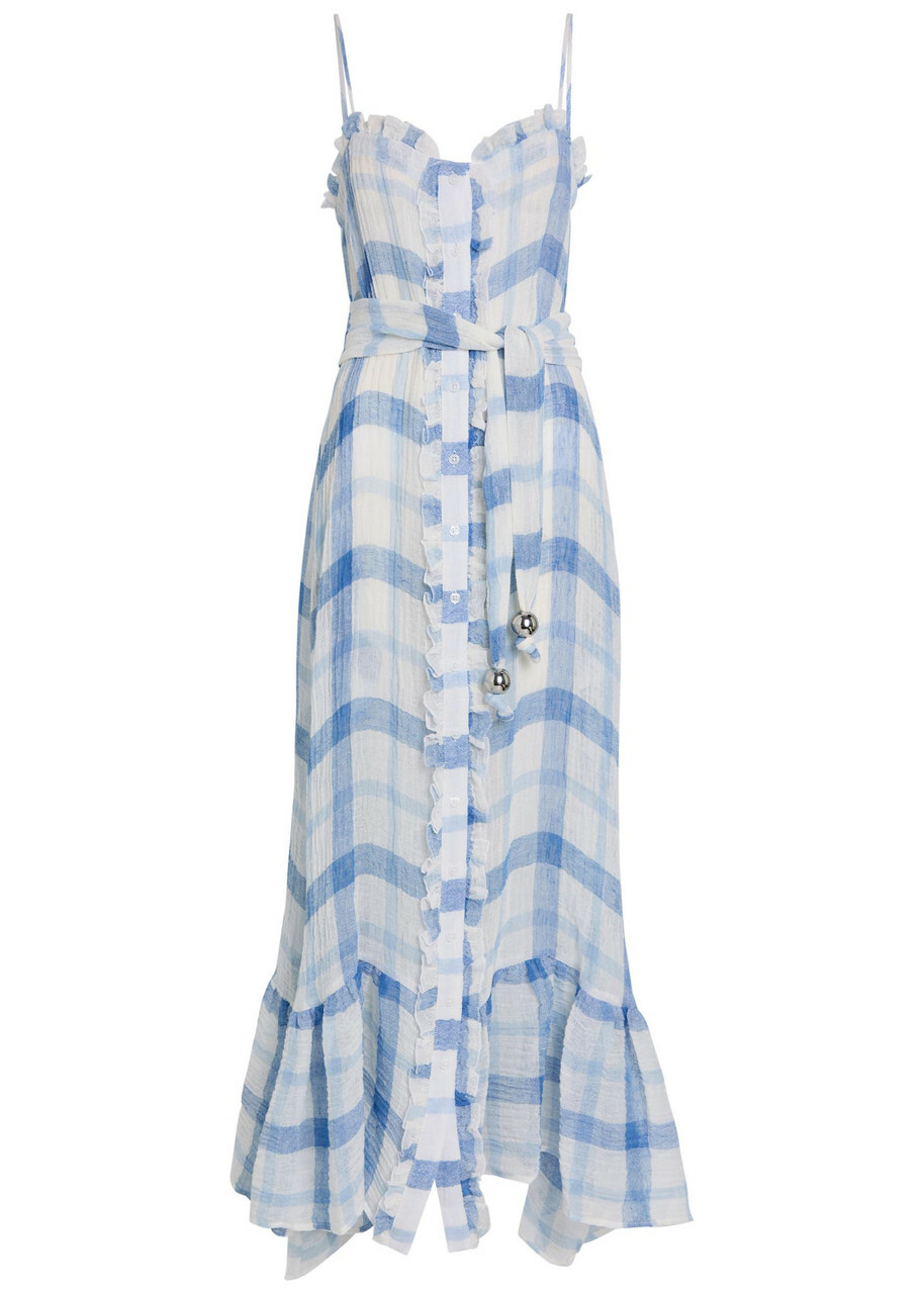Lisa Marie Fernandez Checked Ruffled Linen-blend Maxi Dress Blue And White