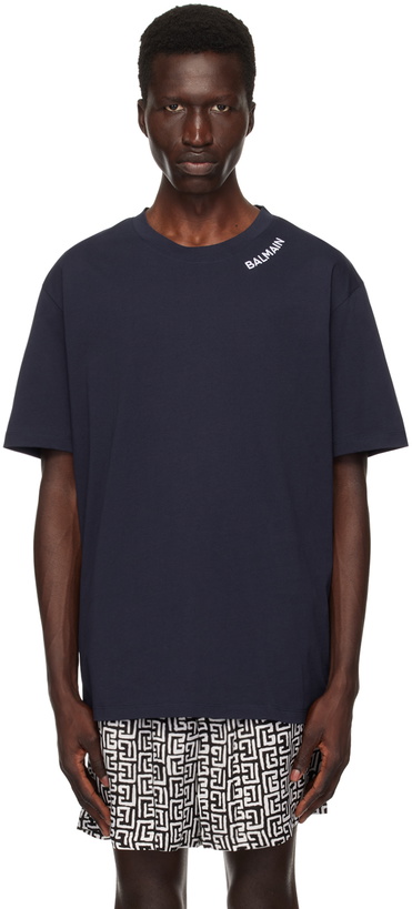 Photo: Balmain Navy 'Balmain' Embroidered T-Shirt