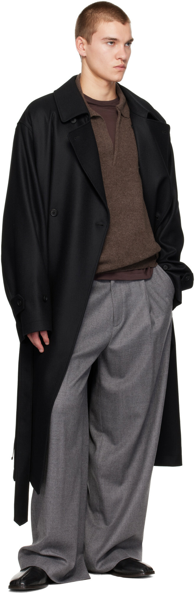 ssstein Black Wool Melton Oversized Double Breasted Coat