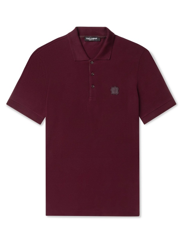 Photo: DOLCE & GABBANA - Logo-Appliquéd Cotton-Piqué Polo Shirt - Burgundy - IT 50