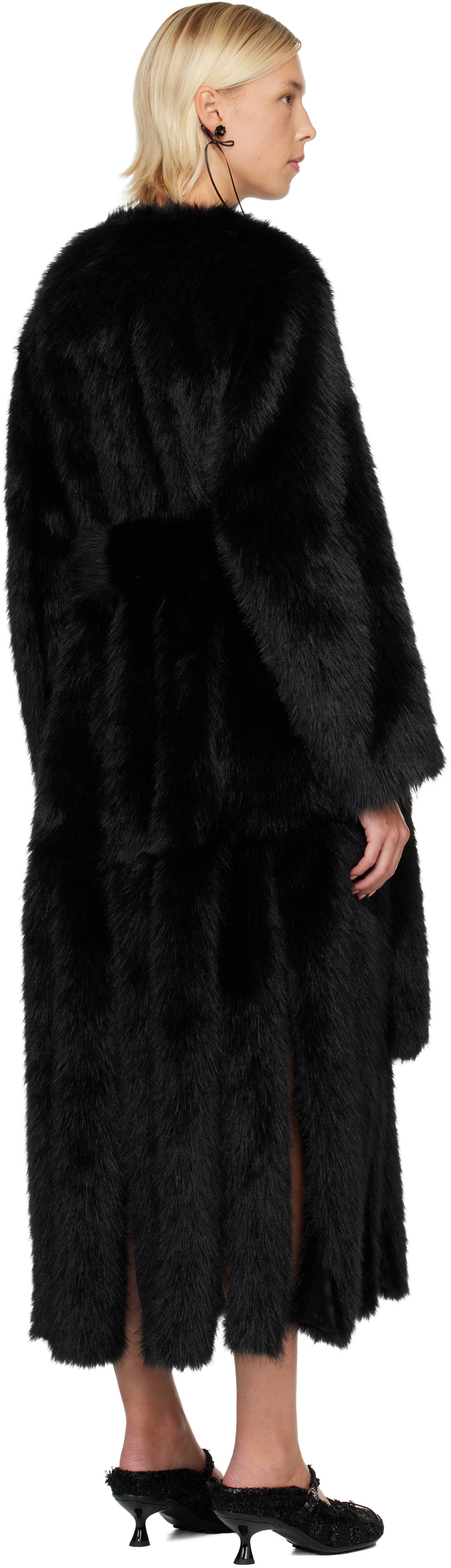 Simone Rocha Black Belted Faux Fur Long Multi Slit Coat