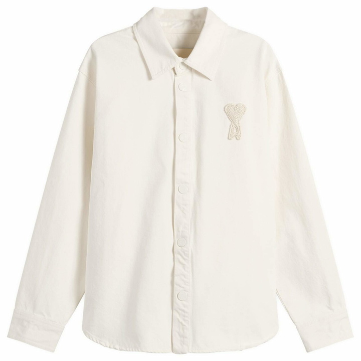 Photo: AMI Paris Men's Denim Overshirt With Knitted Ami De Coeur in Blanc Creme