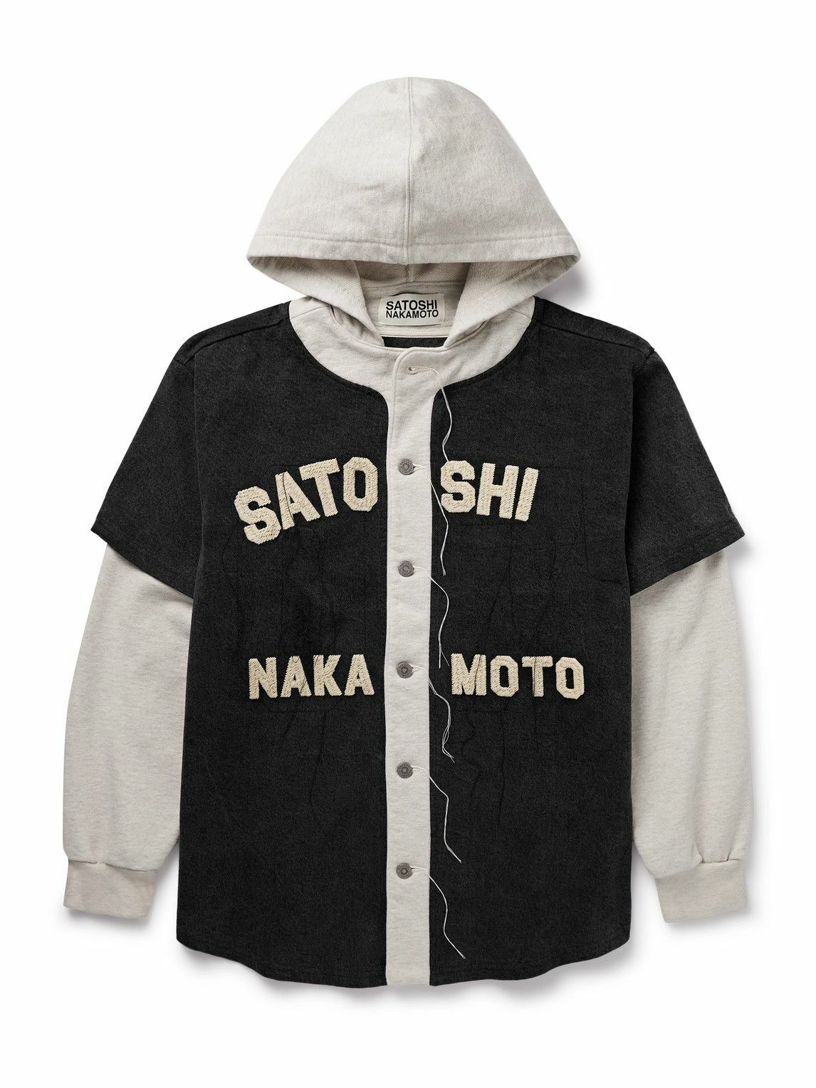Satoshi Nakamoto - Distressed Cotton Jersey-Trimmed Denim Hooded