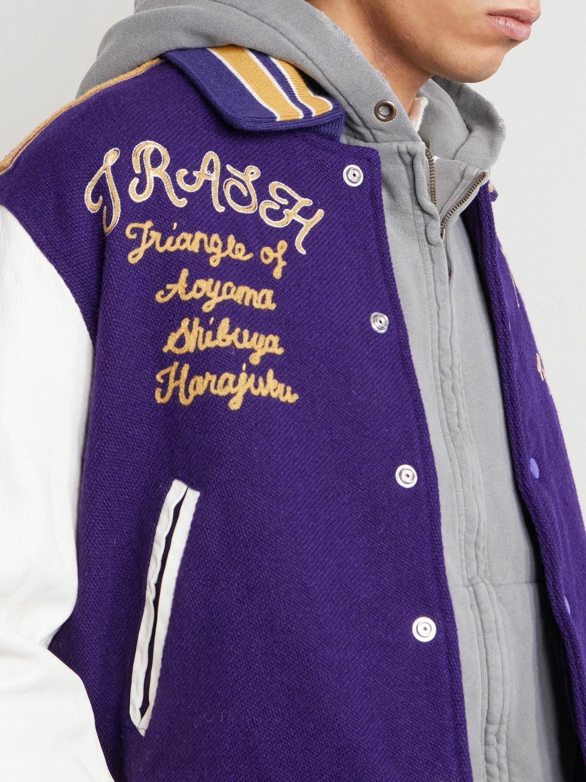 Needles - Cropped Leather-Trimmed Melton Wool Letter Jacket - Purple