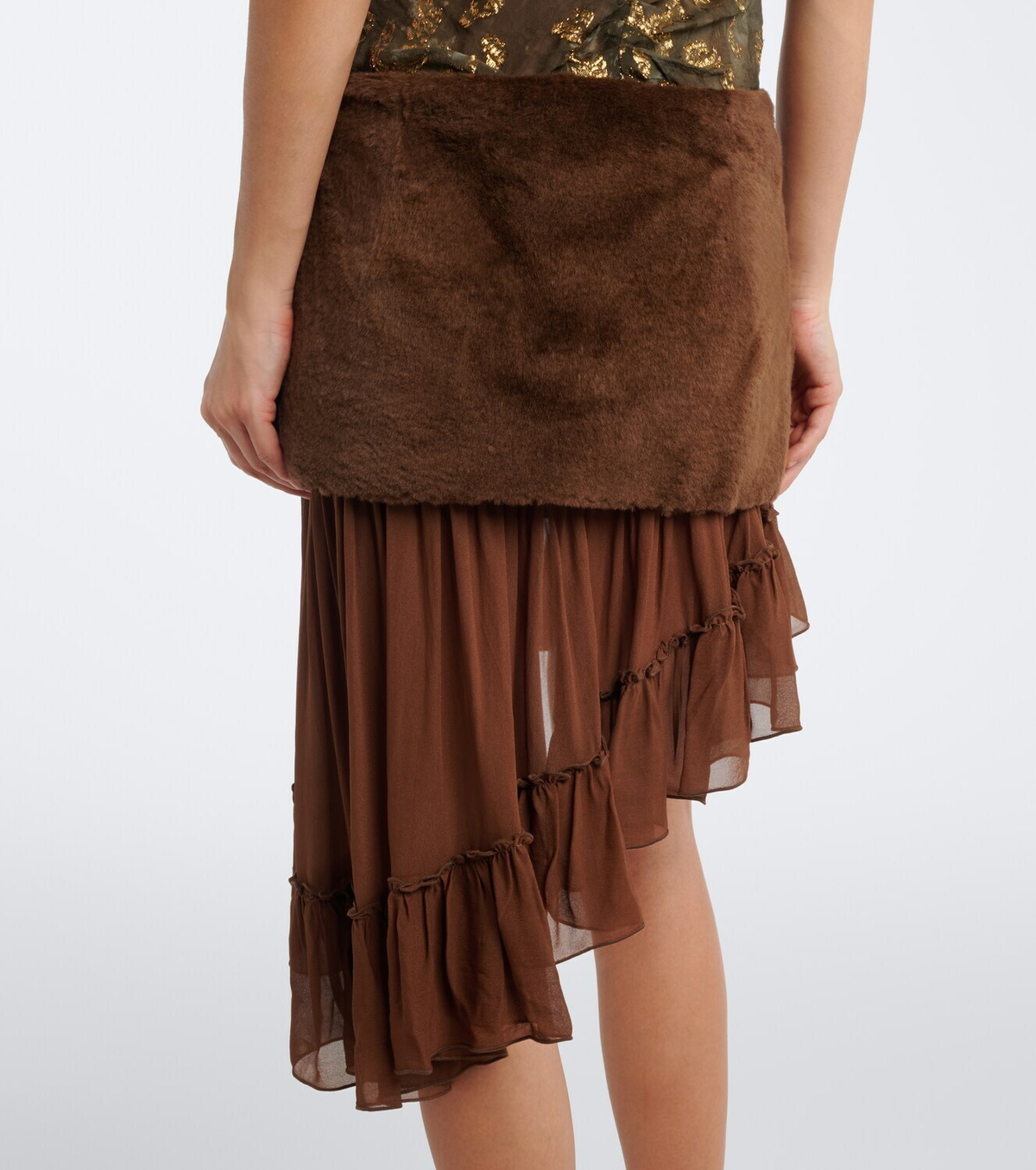 Jacques Wei Layered shearling and chiffon miniskirt