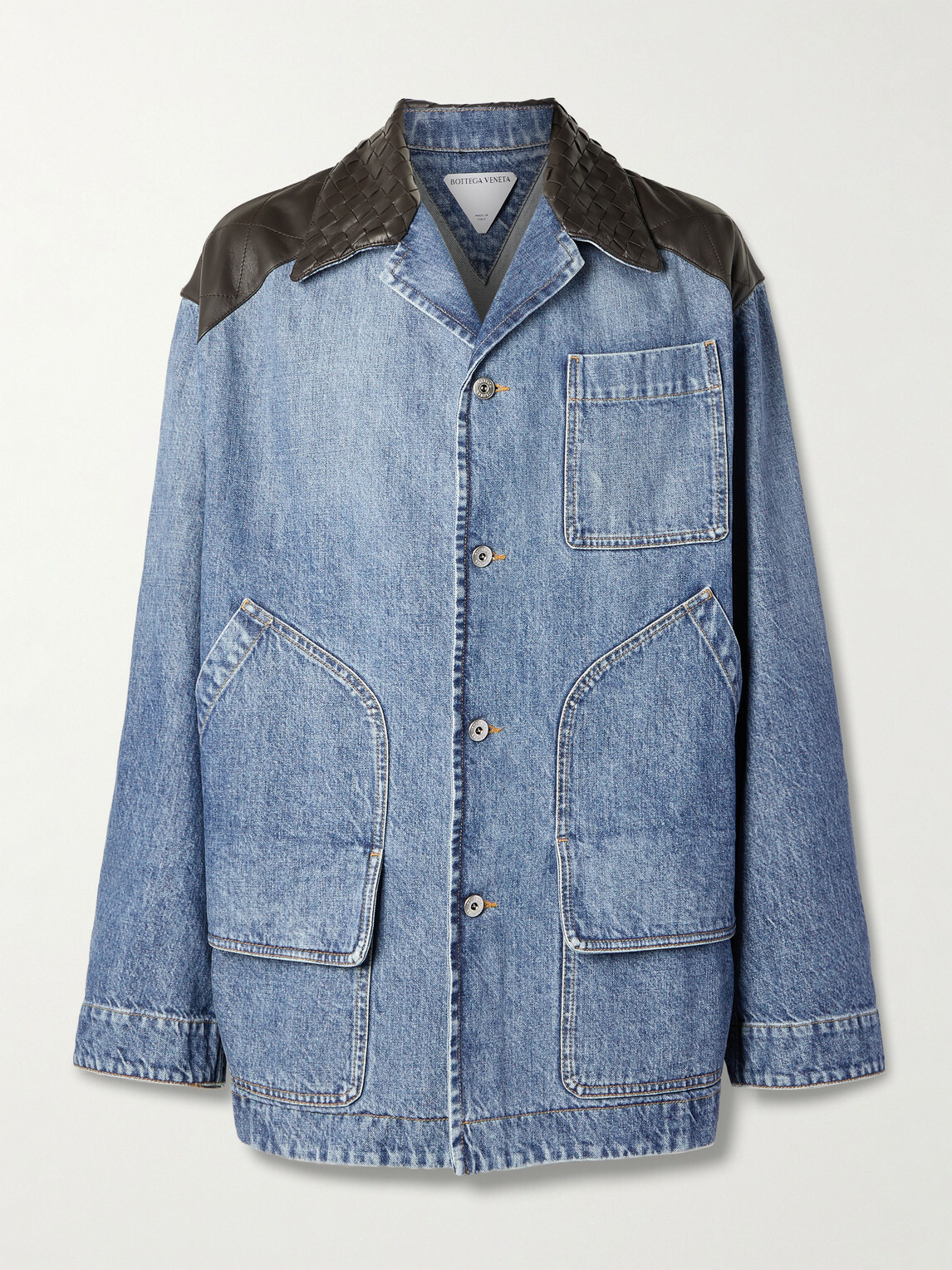 Bottega Veneta - Intrecciato Leather-Panelled Denim Jacket - Blue
