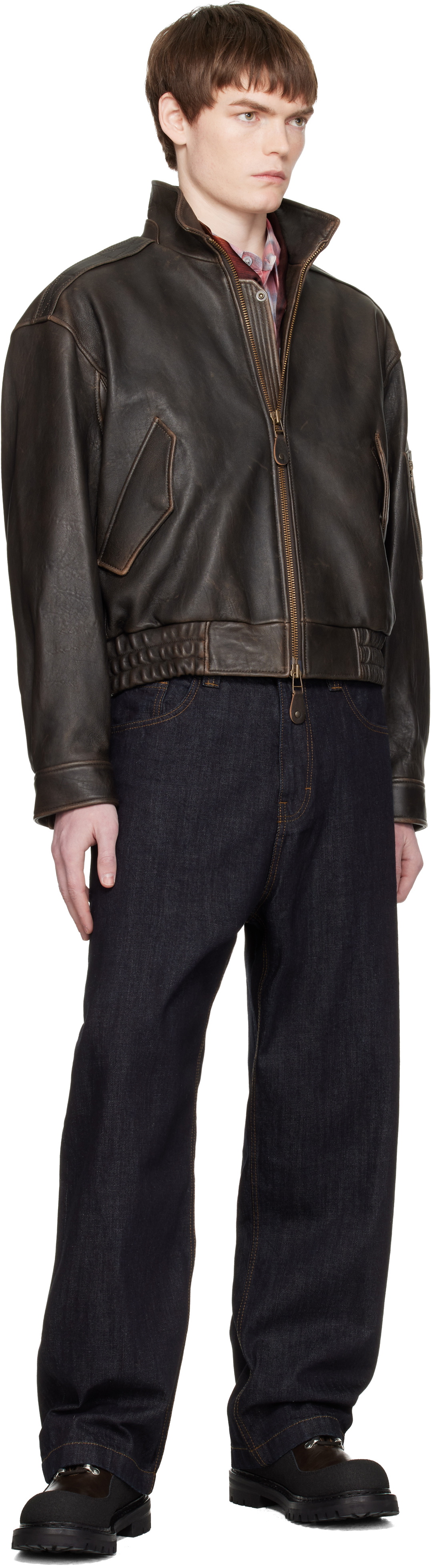 COOR Brown Vintage Shelter Neck Collar Leather Jacket