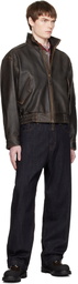 COOR Brown Vintage Shelter Neck Collar Leather Jacket