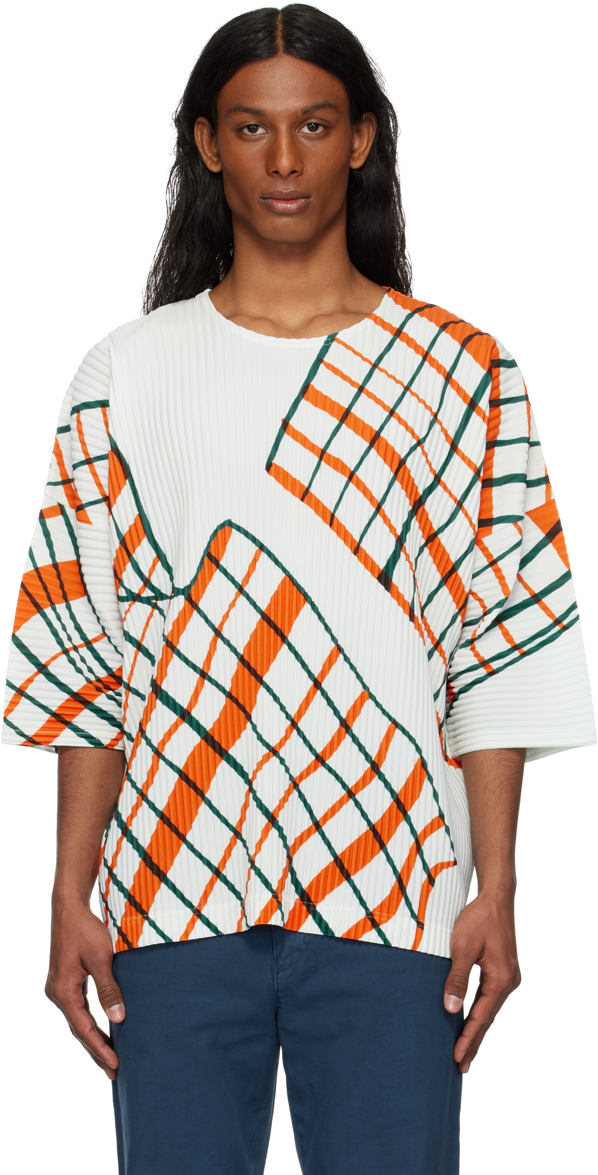 HOMME PLISSÉ Tシャツ HOMME PLISSÉ ISSEY MIYAKE White Windswept Plaid T-shirt Homme