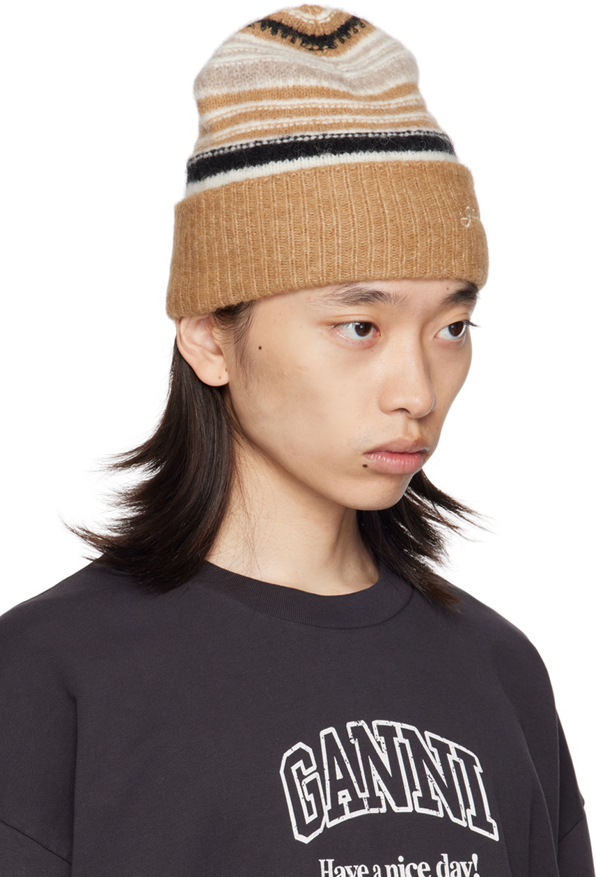 GANNI Brown Striped Beanie