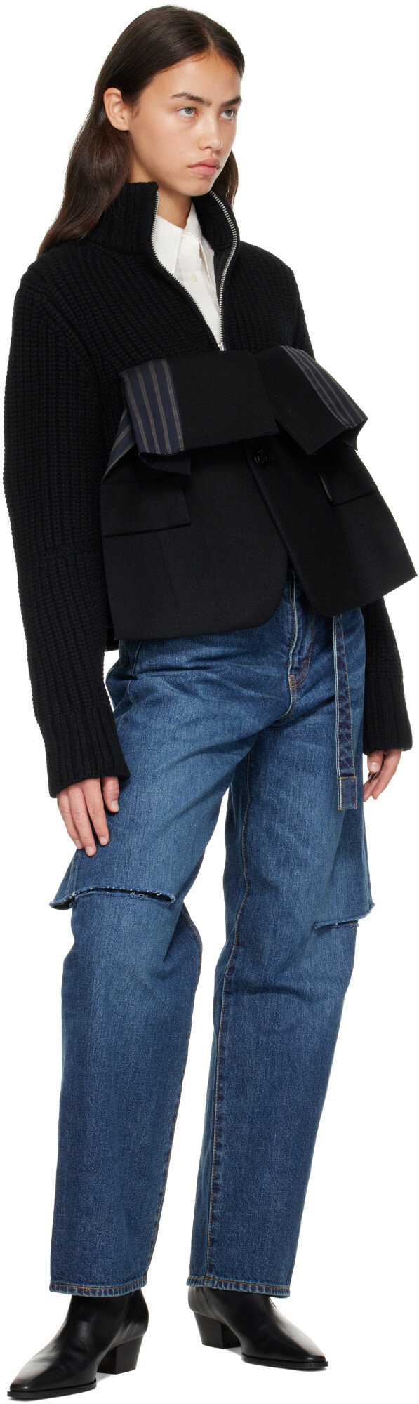 sacai Black Wool Melton x Wool Knit Blouson Jacket