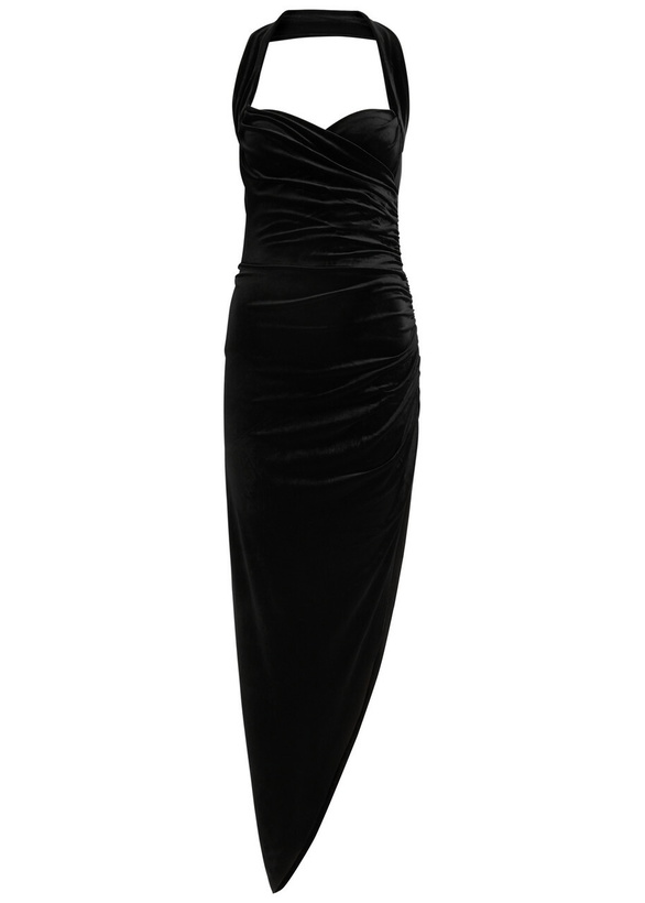 Photo: Norma Kamali Halterneck Ruched Velvet Maxi Dress Black