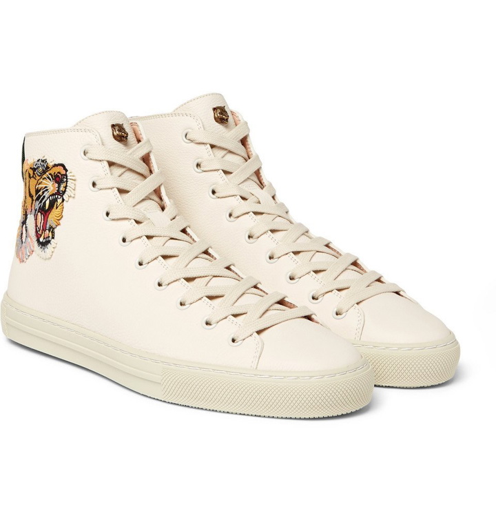 Photo: Gucci - Major Appliquéd Full-Grain Leather High-Top Sneakers - Men - Cream