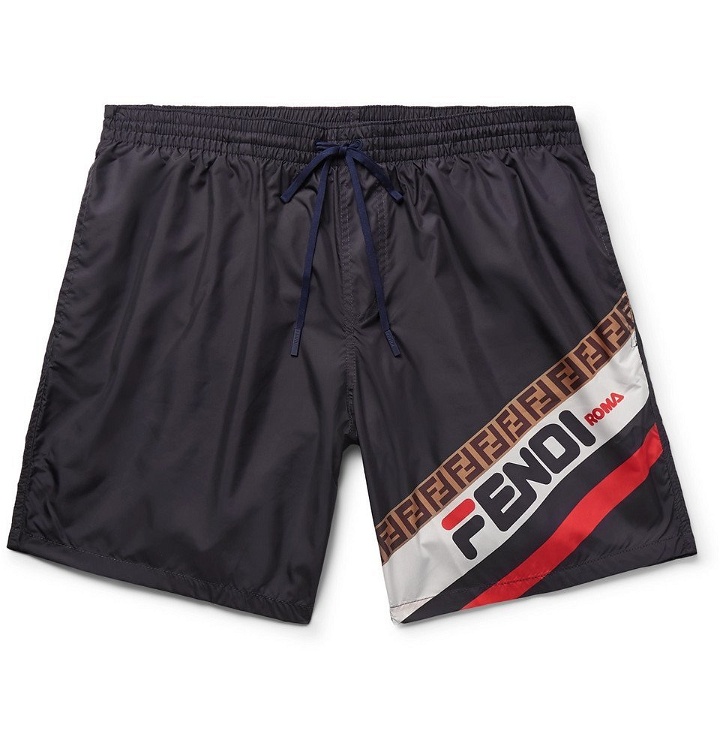 Photo: Fendi - Slim-Fit Short-Length Logo-Print Swim Shorts - Men - Navy