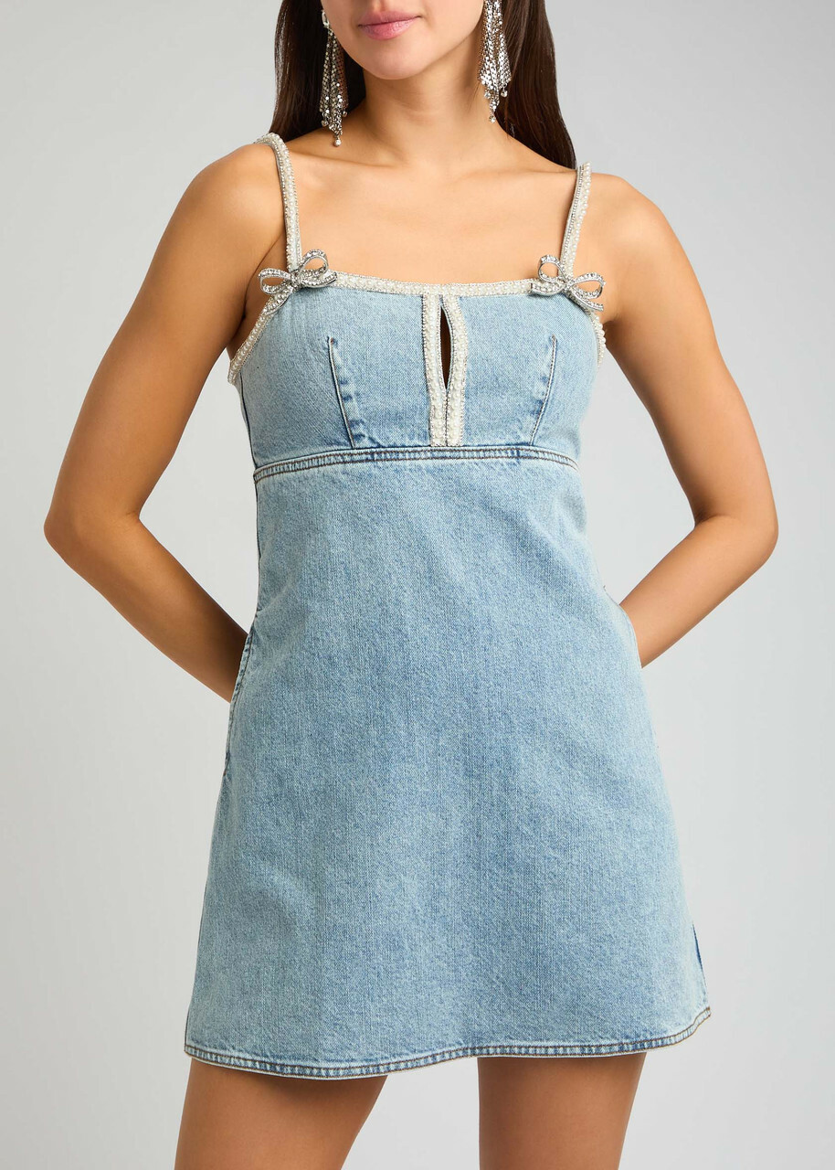 Self Portrait Indigo Denim Crystal Trim Mini Dress Aw25812sbl Blue