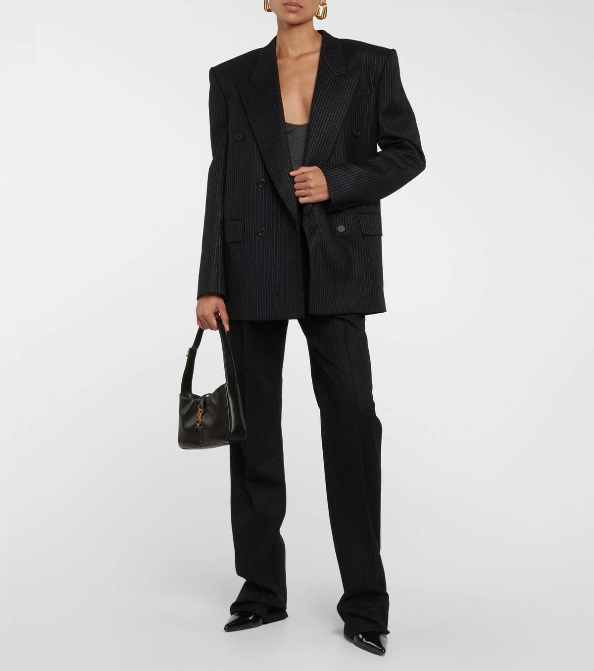 パンツ SAINT LAURENT PINSTRIPED WOOL STRAIGHT-LEG PANTS Saint Laurent Pinstripe high-rise wool wide-leg pants Saint