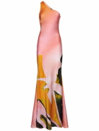 LOUISA BALLOU Plunge Printed Satin Silk Long Dress