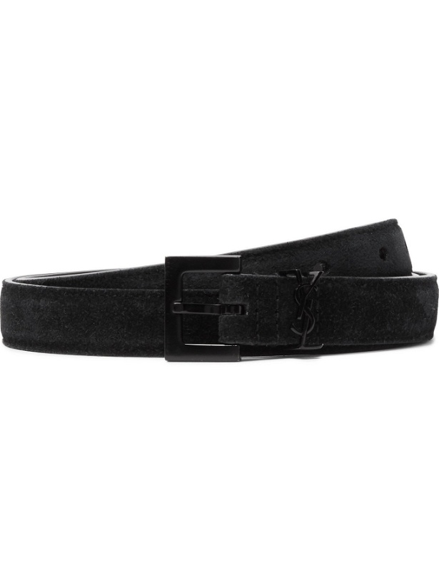 Photo: SAINT LAURENT - 2cm Logo-Embellished Suede Belt - Black