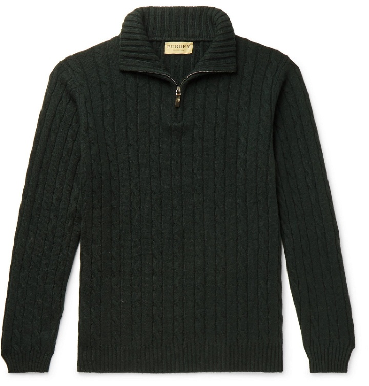 Photo: James Purdey & Sons - Hammersmith Cable-Knit Cashmere Half-Zip Sweater - Green