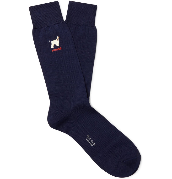 Photo: Paul Smith - Embroidered Cotton-Blend Socks - Blue