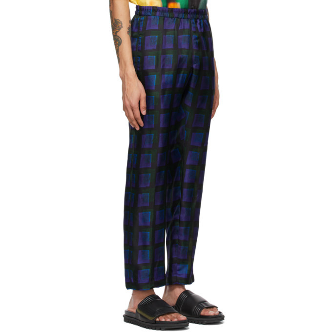 dries van noten 21ss Len Lye チェックパンツ サテン Dries Van Noten Blue Len Lye Edition Viscose Satin Trousers Dries