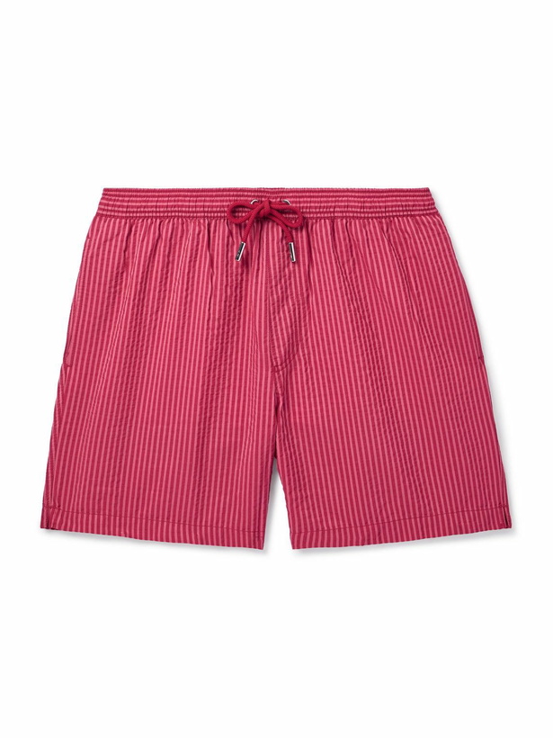 Photo: Mr P. - Straight-Leg Mid-Length Striped Seersucker Swim Shorts - Pink