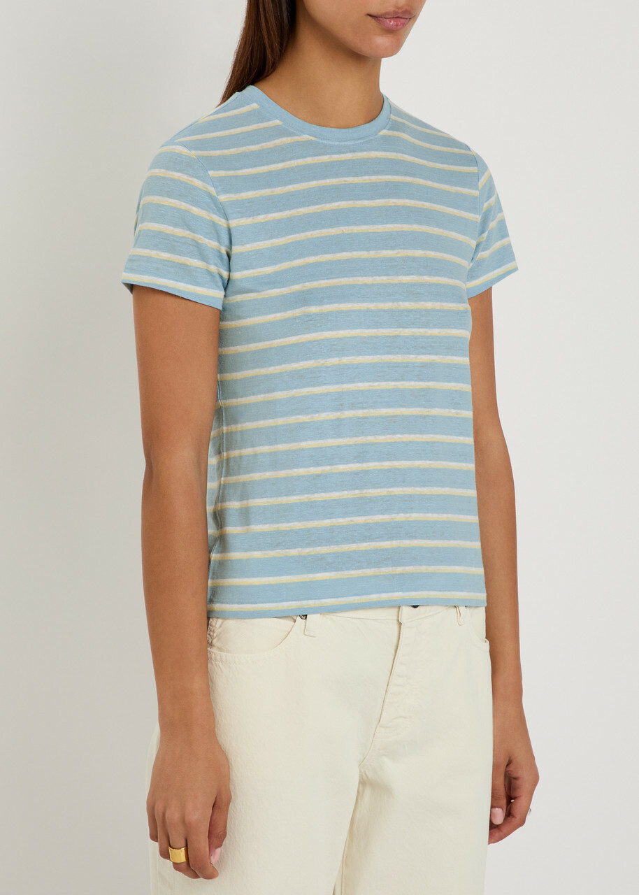 Frame The Linen Baby Striped Stretch-linen T-shirt Blue