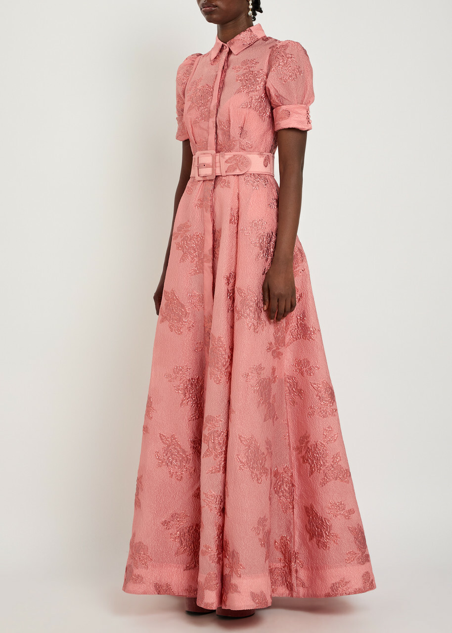 Rebecca Vallance Annette Belted Floral-jacquard Cloqué Gown Peach