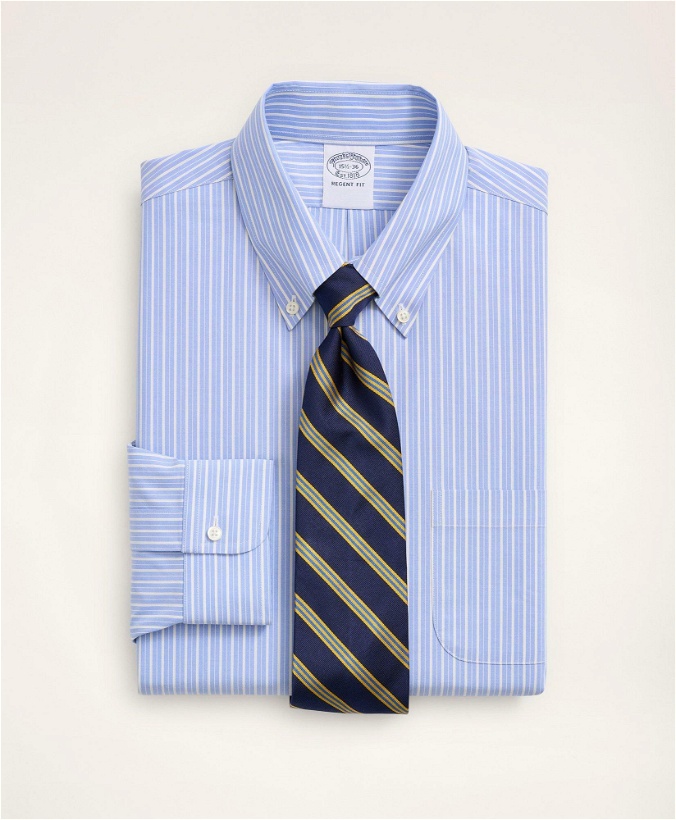 Photo: Brooks Brothers Men's Stretch Regent Regular-Fit Dress Shirt, Non-Iron Poplin Button-Down Collar Ground Alternating Stripe | Blue/Yellow