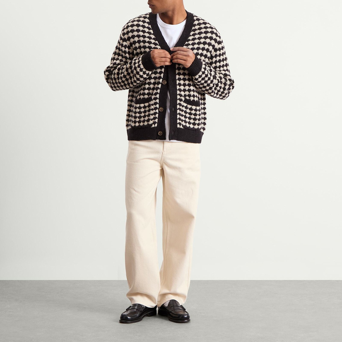Wax London Men's Walker Bubble Knit Cardigan in Black/Ecru