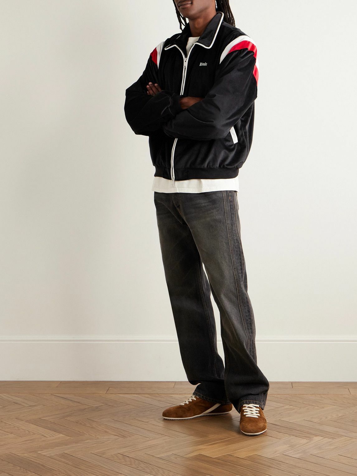 Rhude - Mancino Logo-Embroidered Striped Velour Track Jacket - Black