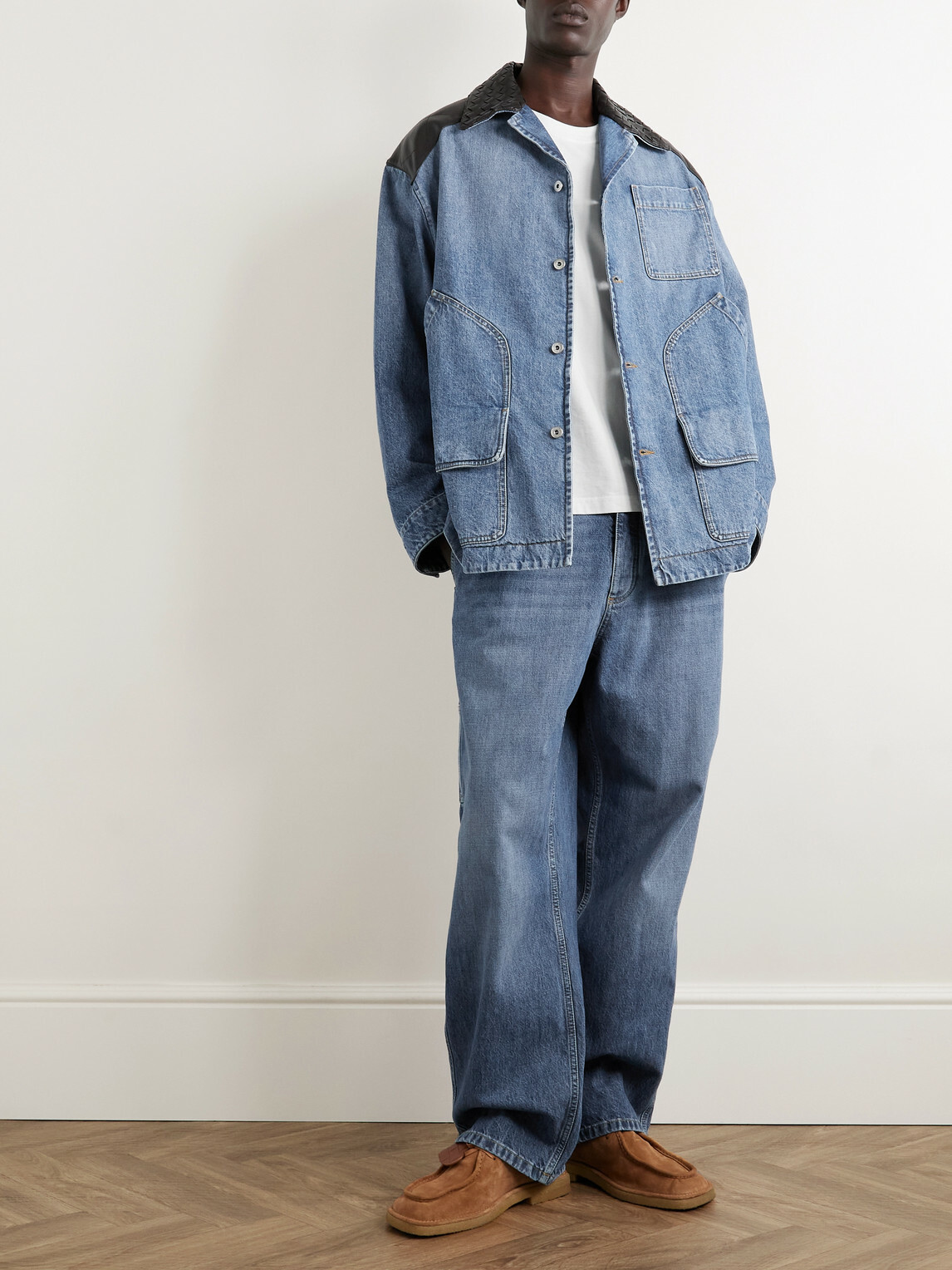 Bottega Veneta - Intrecciato Leather-Panelled Denim Jacket - Blue