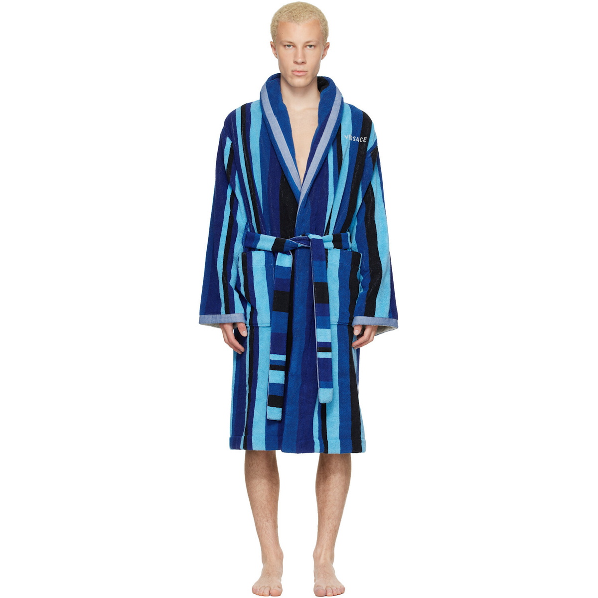 Versace Blue Striped Cotton-Terry Jacquard Bathrobe