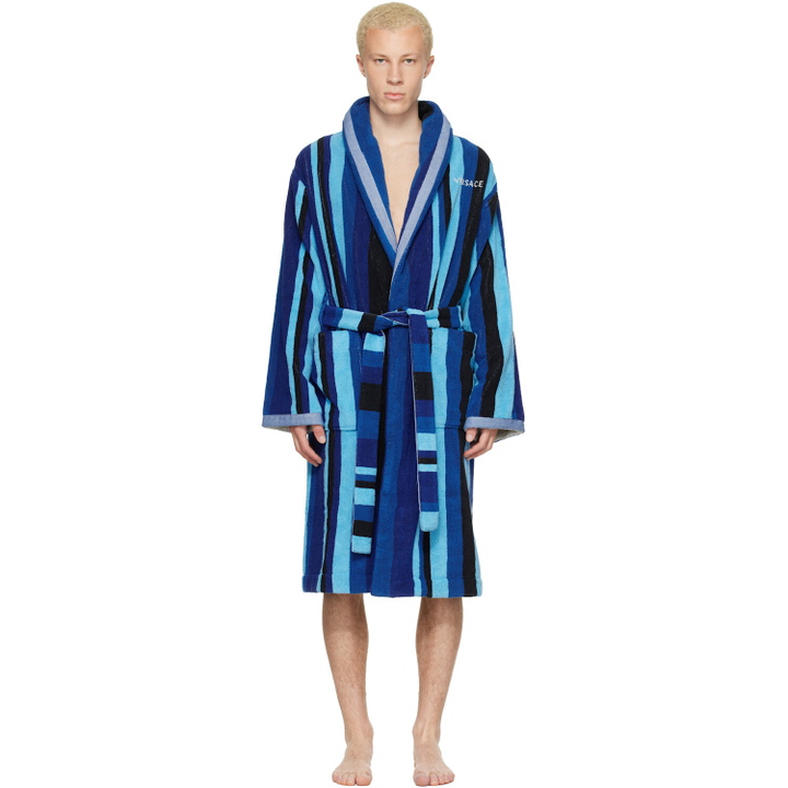 Photo: Versace Blue Striped Cotton-Terry Jacquard Bathrobe