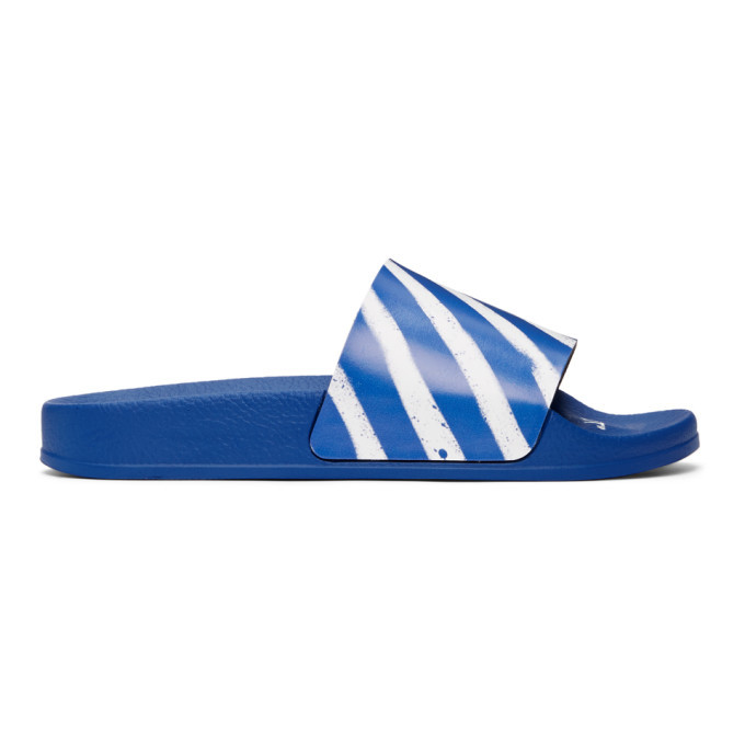 Off White Blue and White Diagonal Stripes Slides