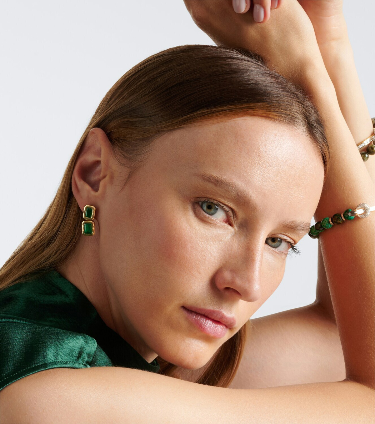 Octavia Elizabeth Nesting Gem 18kt gold drop earrings with emeralds