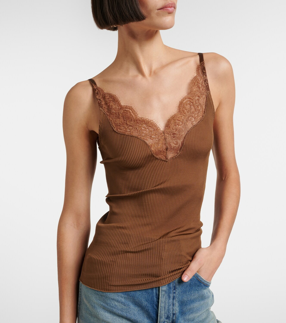 Saint Laurent Lace-trimmed ribbed-knit silk tank top