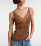 Saint Laurent Lace-trimmed ribbed-knit silk tank top