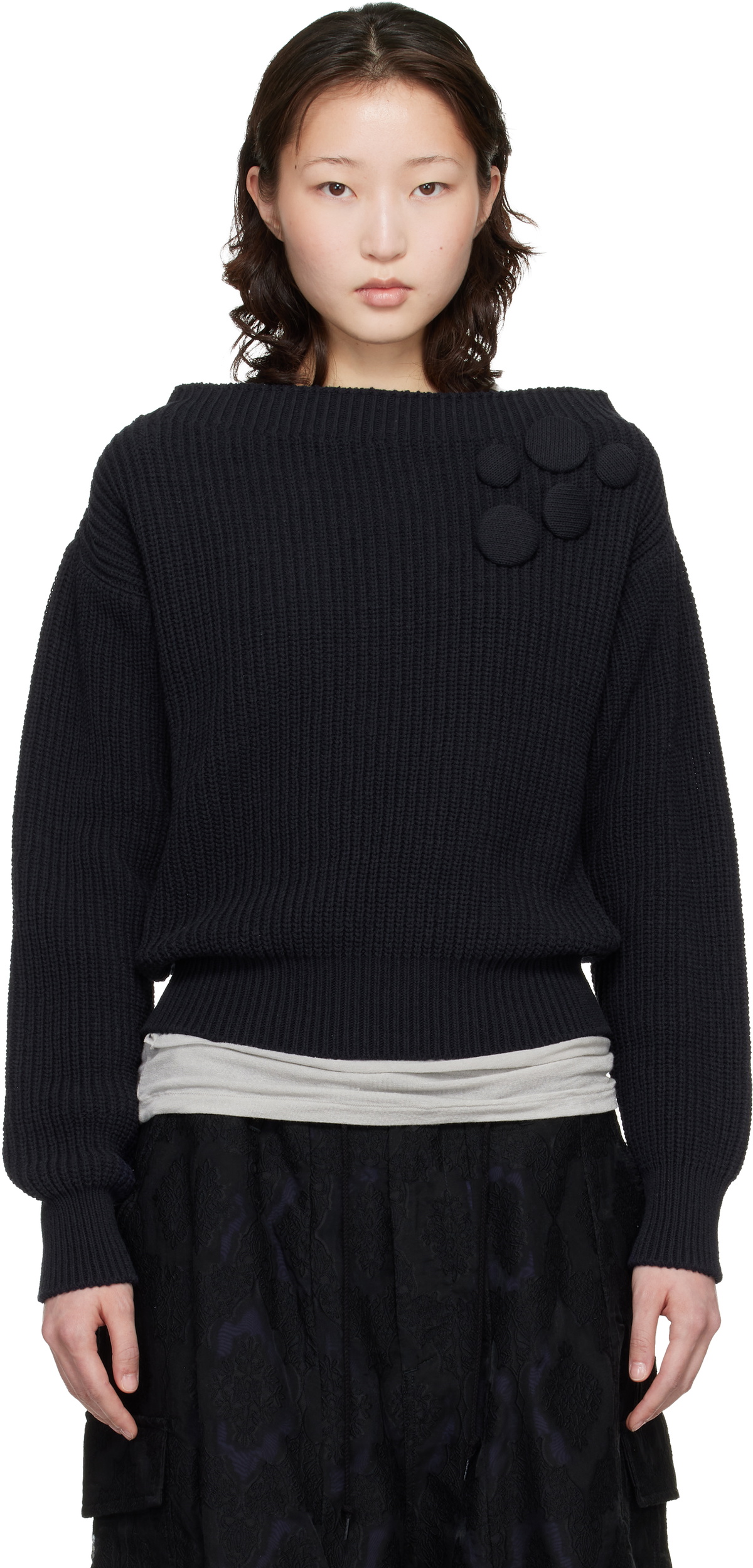 OPEN YY Navy Badge Applique Knit Pullover Sweater